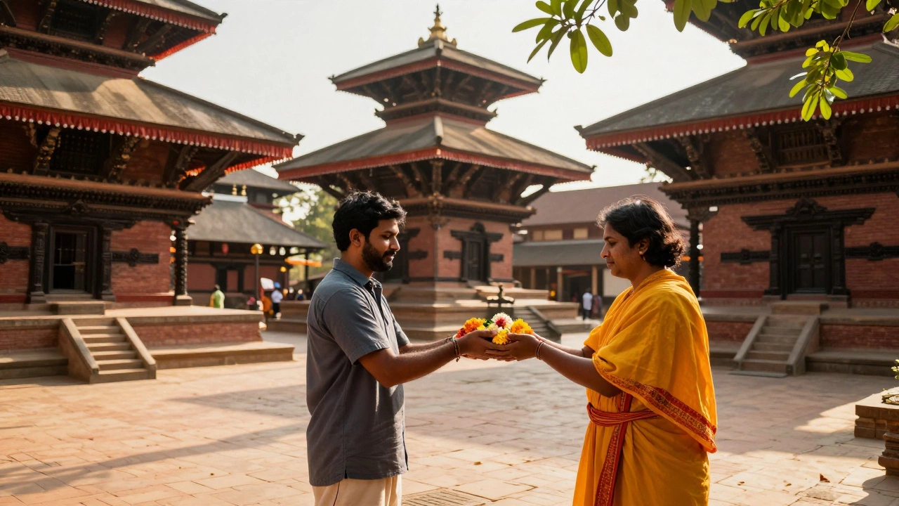 Local welcoming Indian tourist at temple courtyard with flowers
