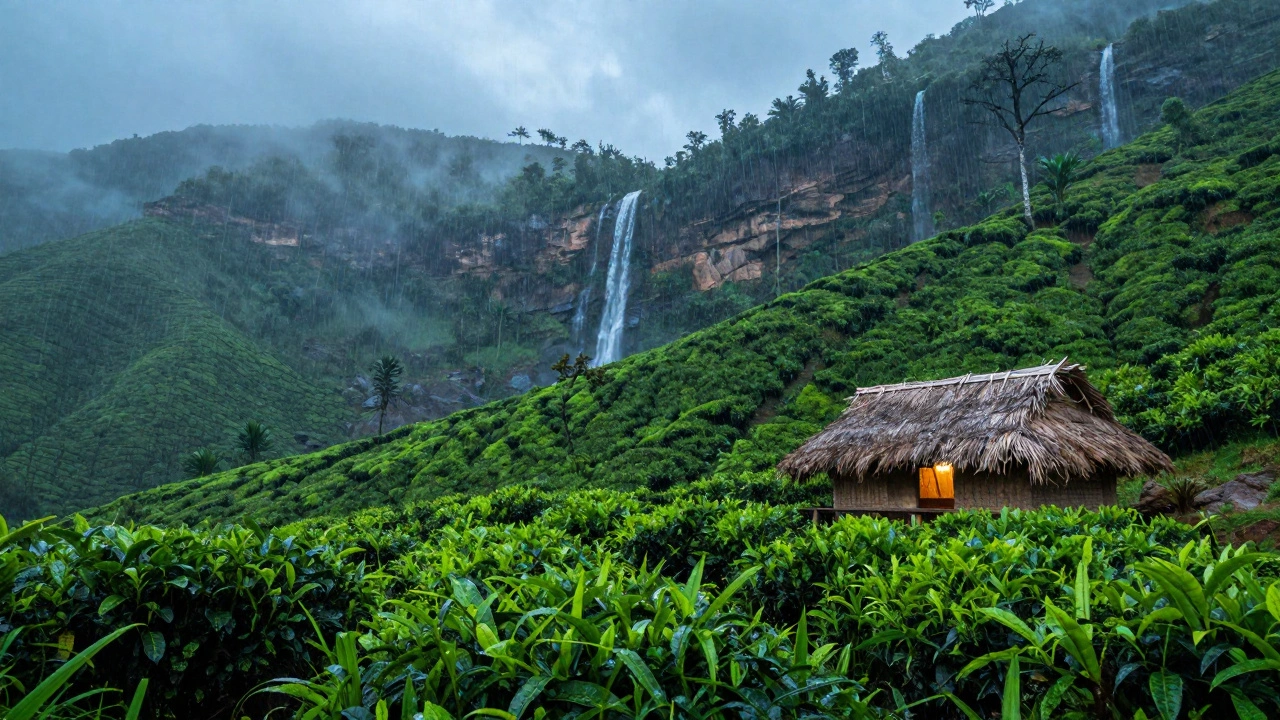 Lush green tea plantations and waterfalls during monsoon