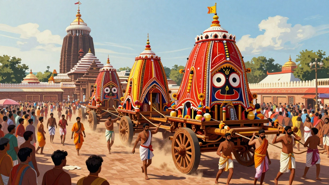 Massive chariots pulled by crowds during the Rath Yatra festival in Puri