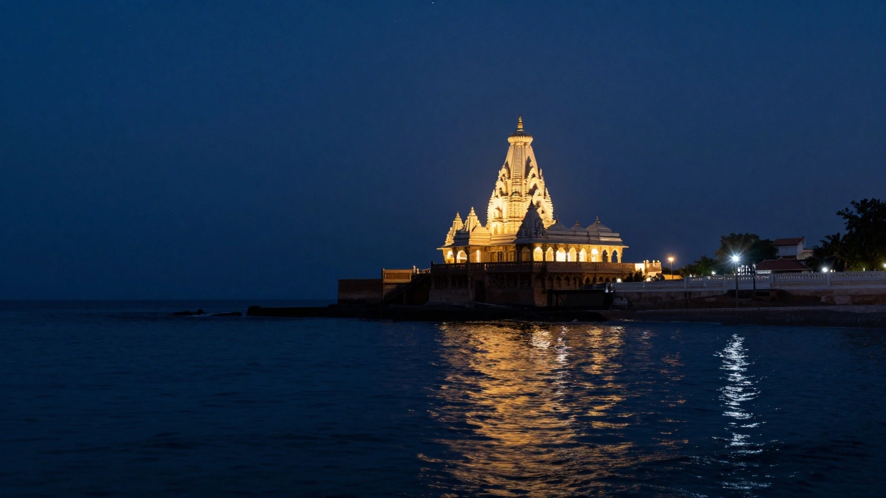 Somnath Temple illuminated at night with reflection on the Arabian Sea