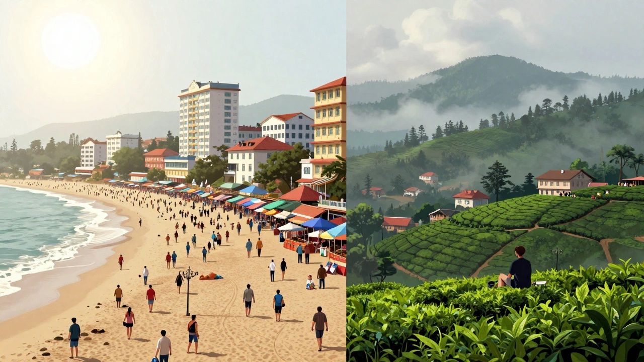 Split image comparing crowded winter beaches vs quiet autumn hills