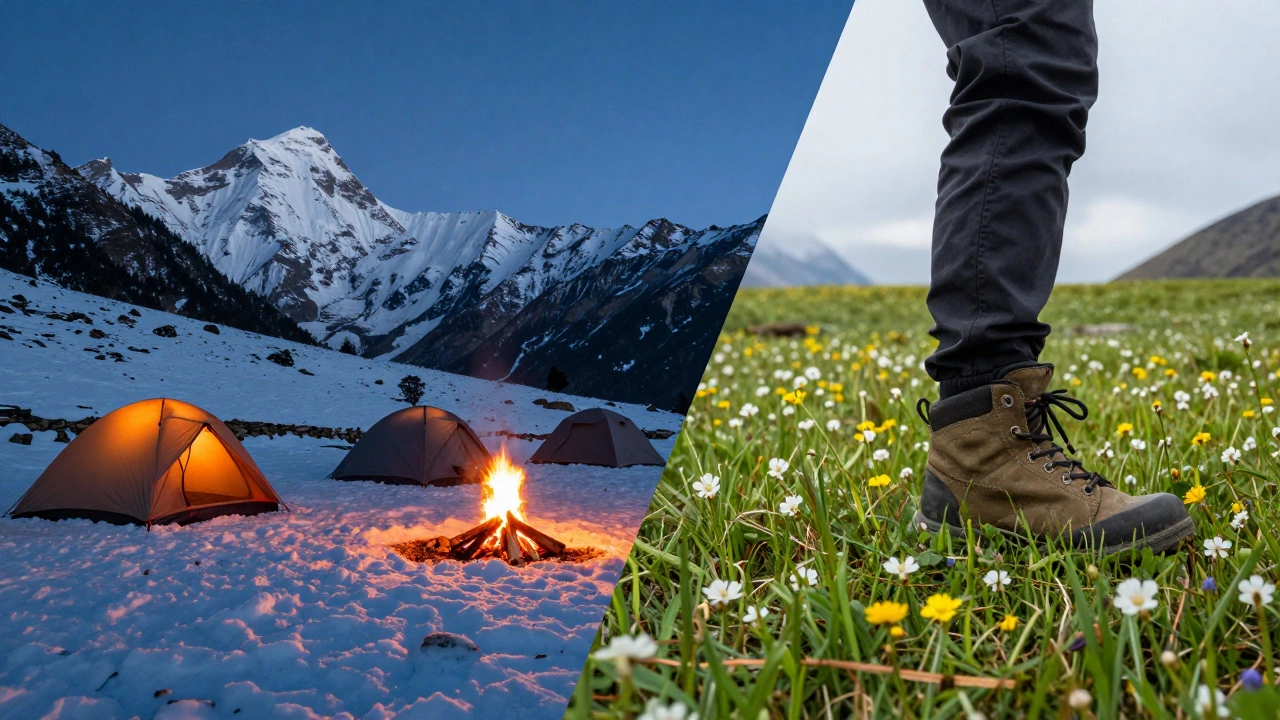 Split view showing snowy winter camp and sunny alpine meadow in India