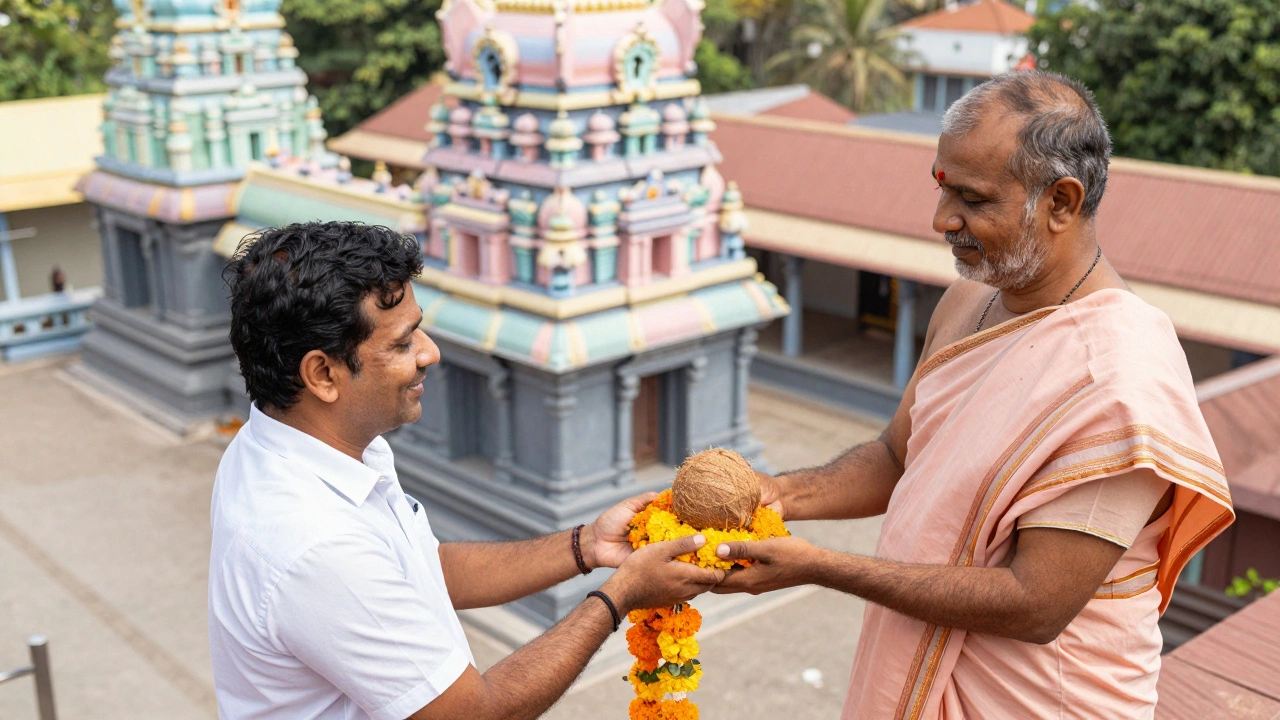 Tourist offering fresh flowers and coconut to a priest in a temple courtyard.