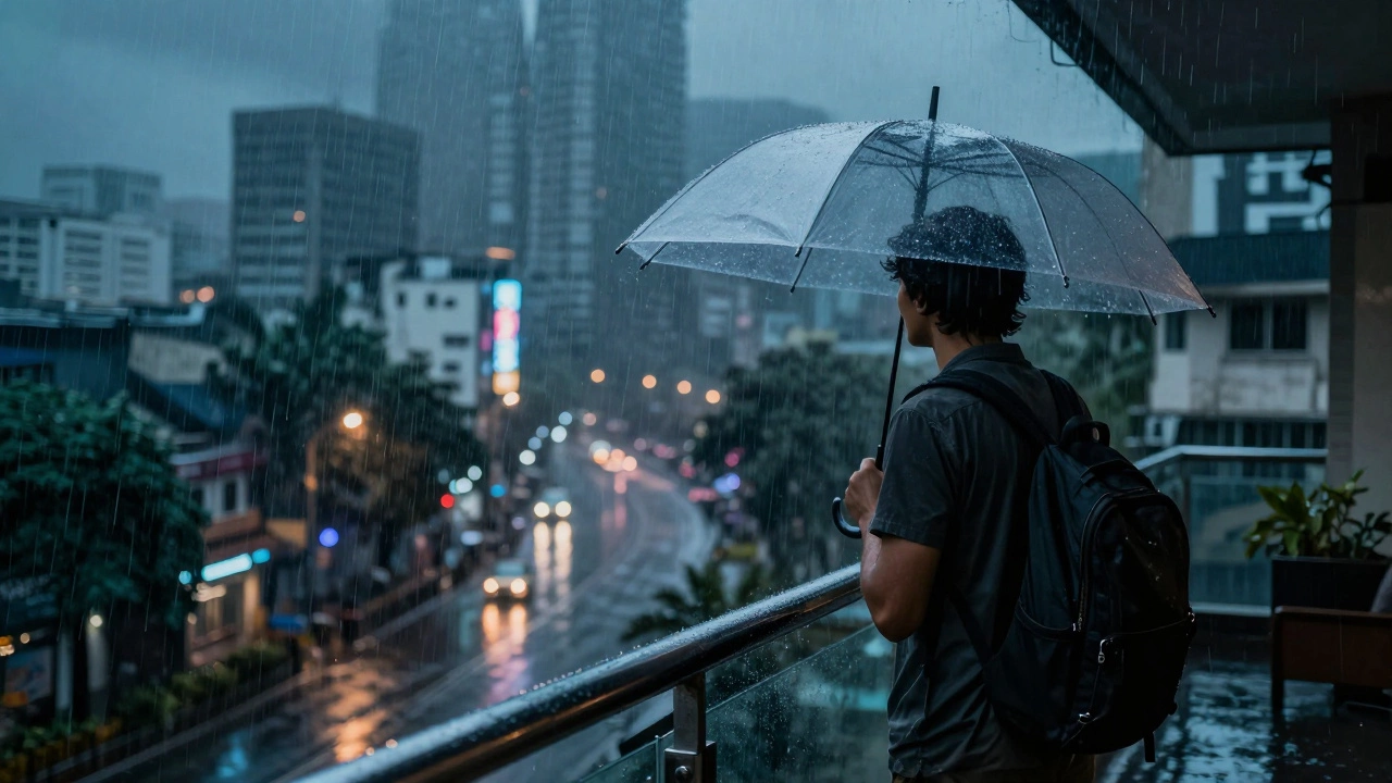 Traveler viewing heavy monsoon rain over Mumbai city skyline