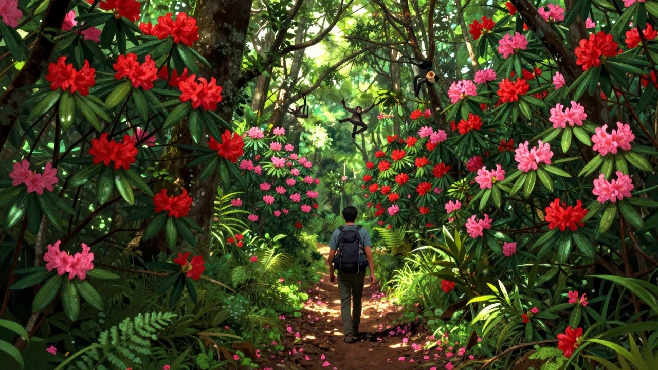 Trekker hiking through blooming rhododendron forest in Western Ghats