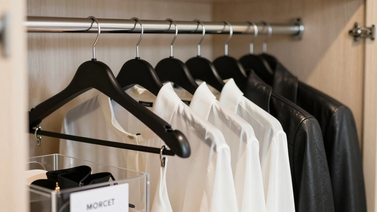 Uniform hangers and organized clothing in a stylish closet