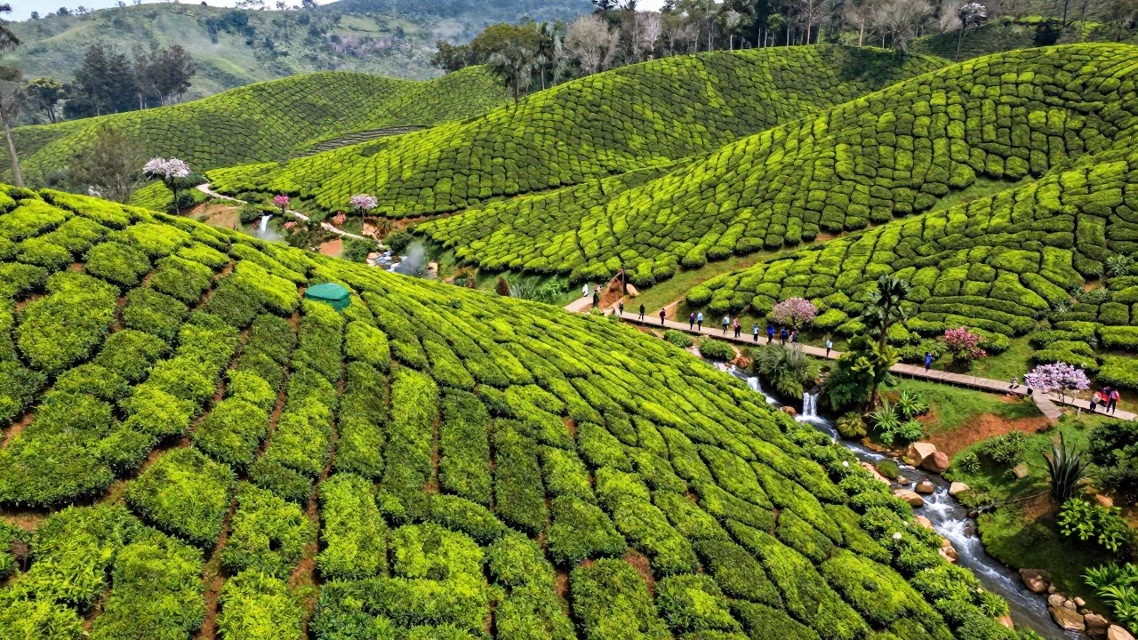 Aerial view of lush green tea plantations in Munnar, Kerala, with tourists walking on a boardwalk amidst rolling hills and waterfalls.