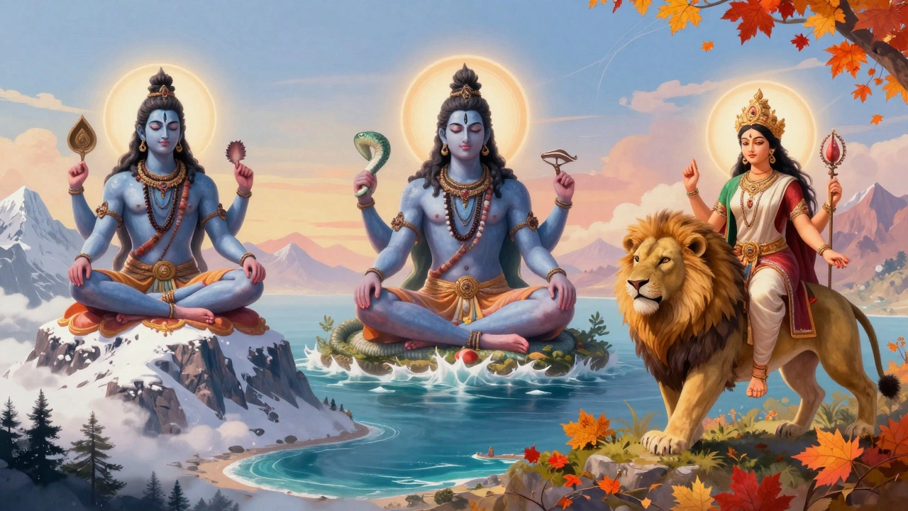 Artistic blend of Shiva, Vishnu, and Durga representing Indian spirituality