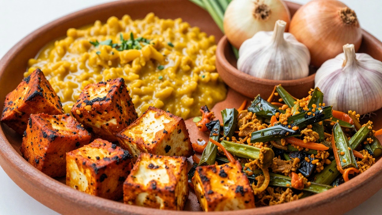 Colorful Indian vegetarian thali with paneer, dal, and root vegetables