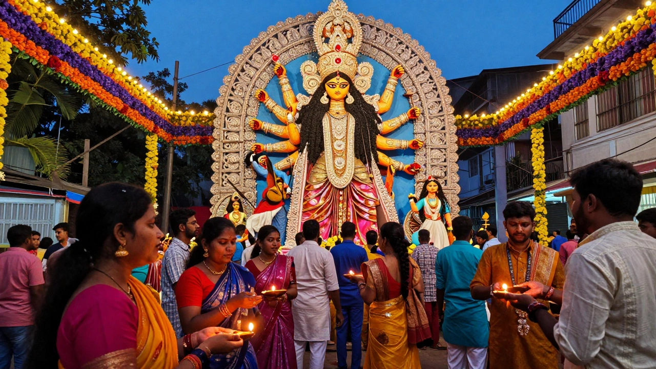 Crowds celebrating around a large Durga idol during Durga Puja in Kolkata