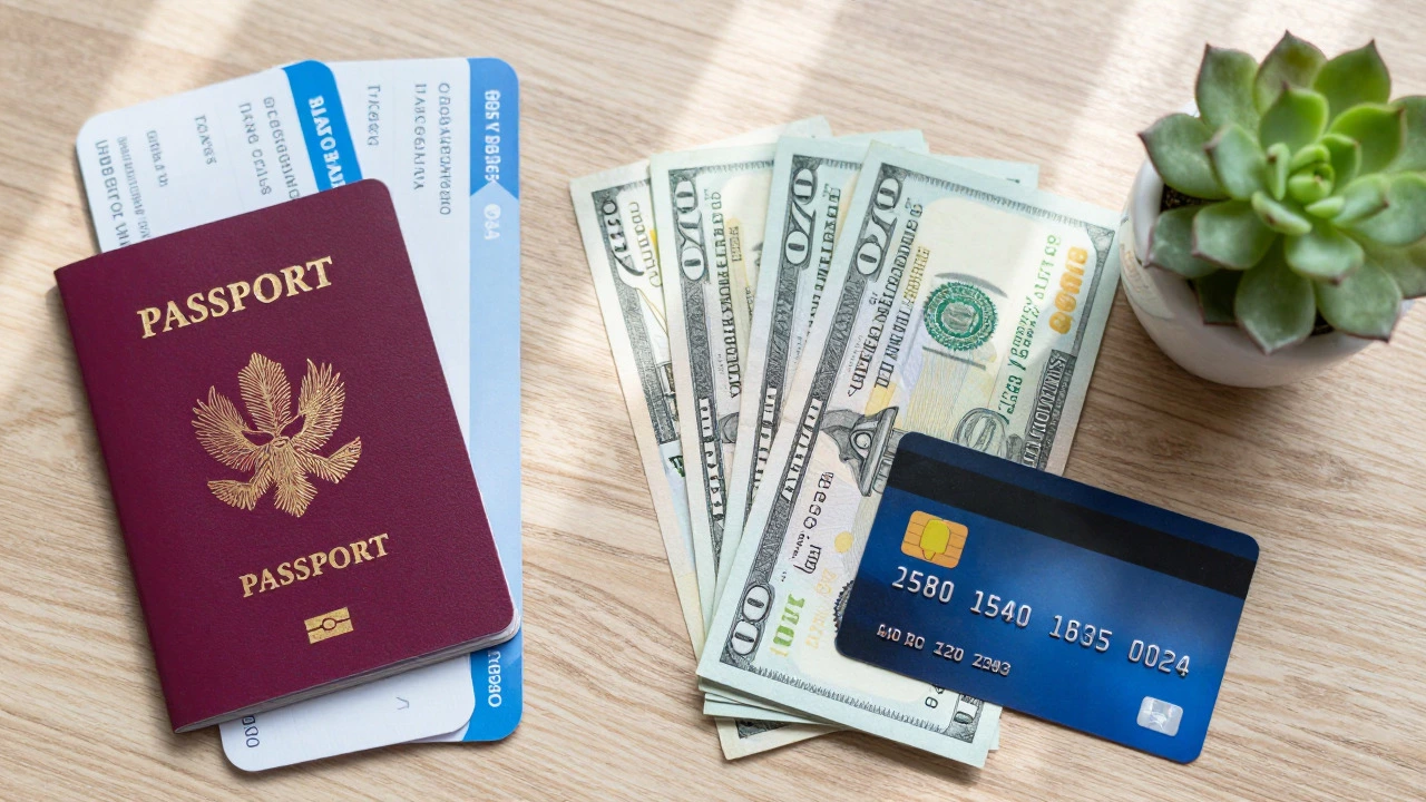 Flat lay of passports, tickets, and cash for travel budgeting