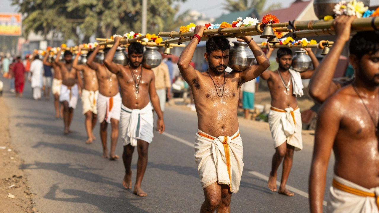Kanwariyas walking barefoot in heat carrying holy water on bamboo sticks