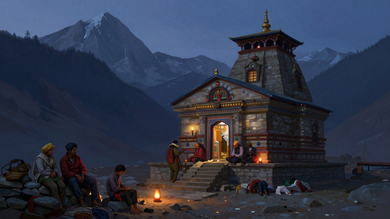 Pilgrims resting at a Himalayan temple during the Char Dham Yatra