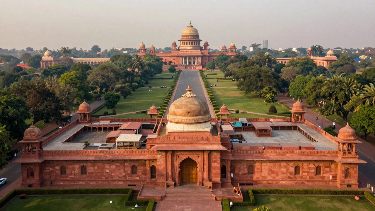 Red sandstone villa in Lutyens' Delhi with wide avenues