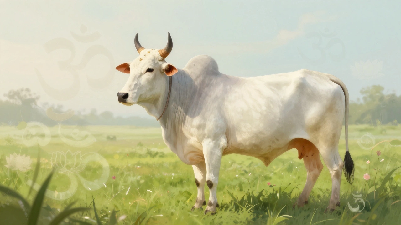 Serene white cow in a field with subtle spiritual symbols overlay