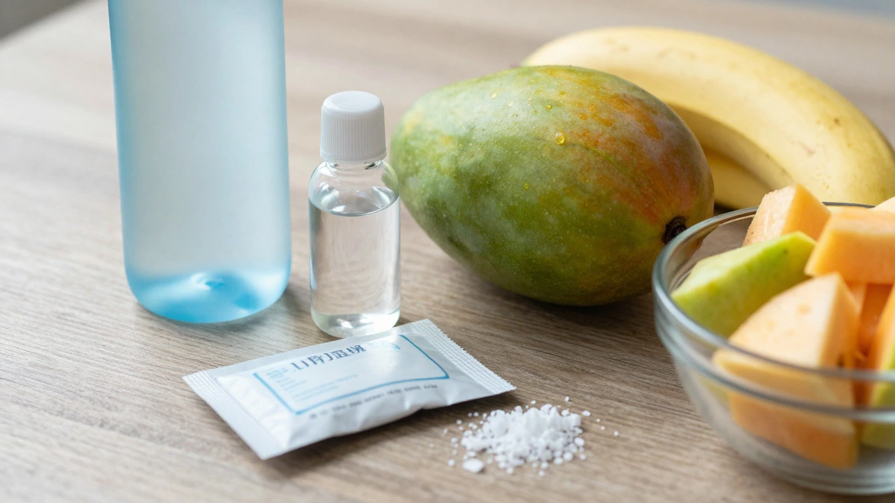 Travel hygiene kit with water filter, sanitizer, and whole fruits