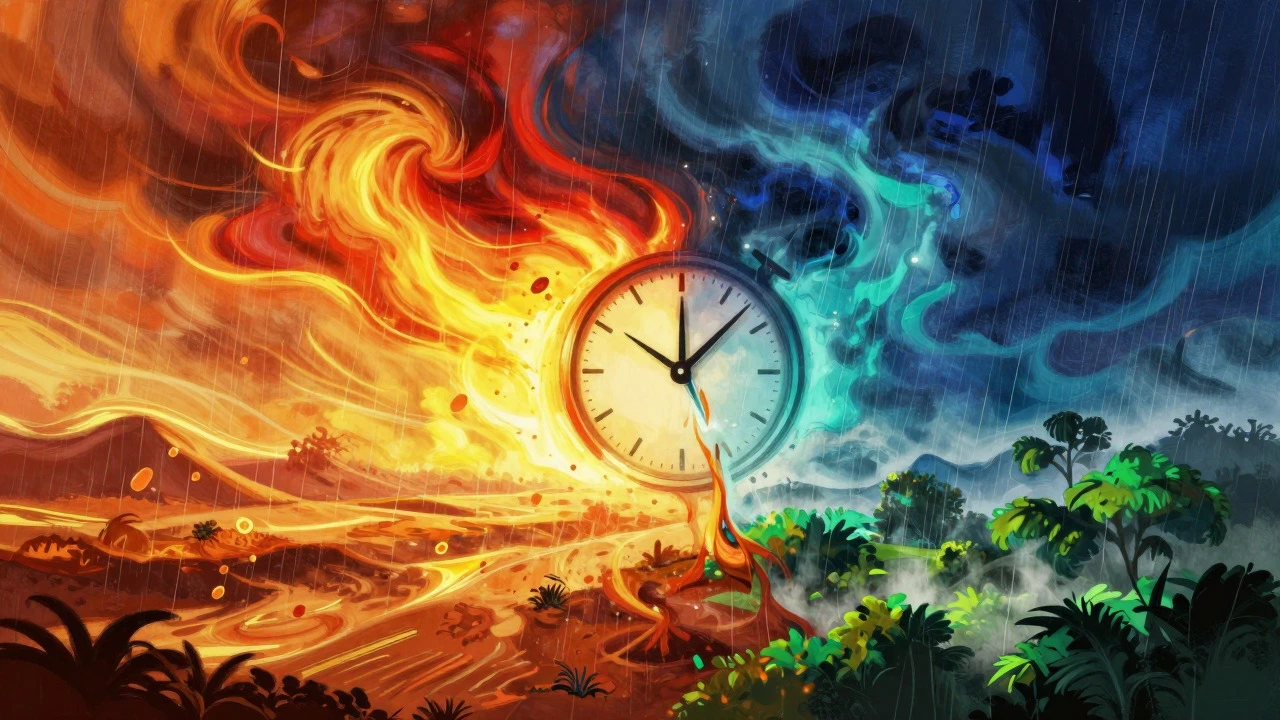 Artistic depiction of Indian summer heat contrasting with monsoon rains