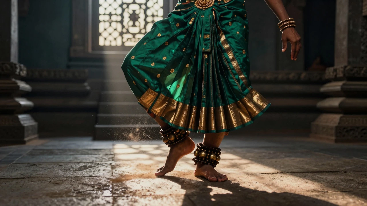 Close-up of Bharatanatyam dancer's feet performing on temple floor with dramatic lighting