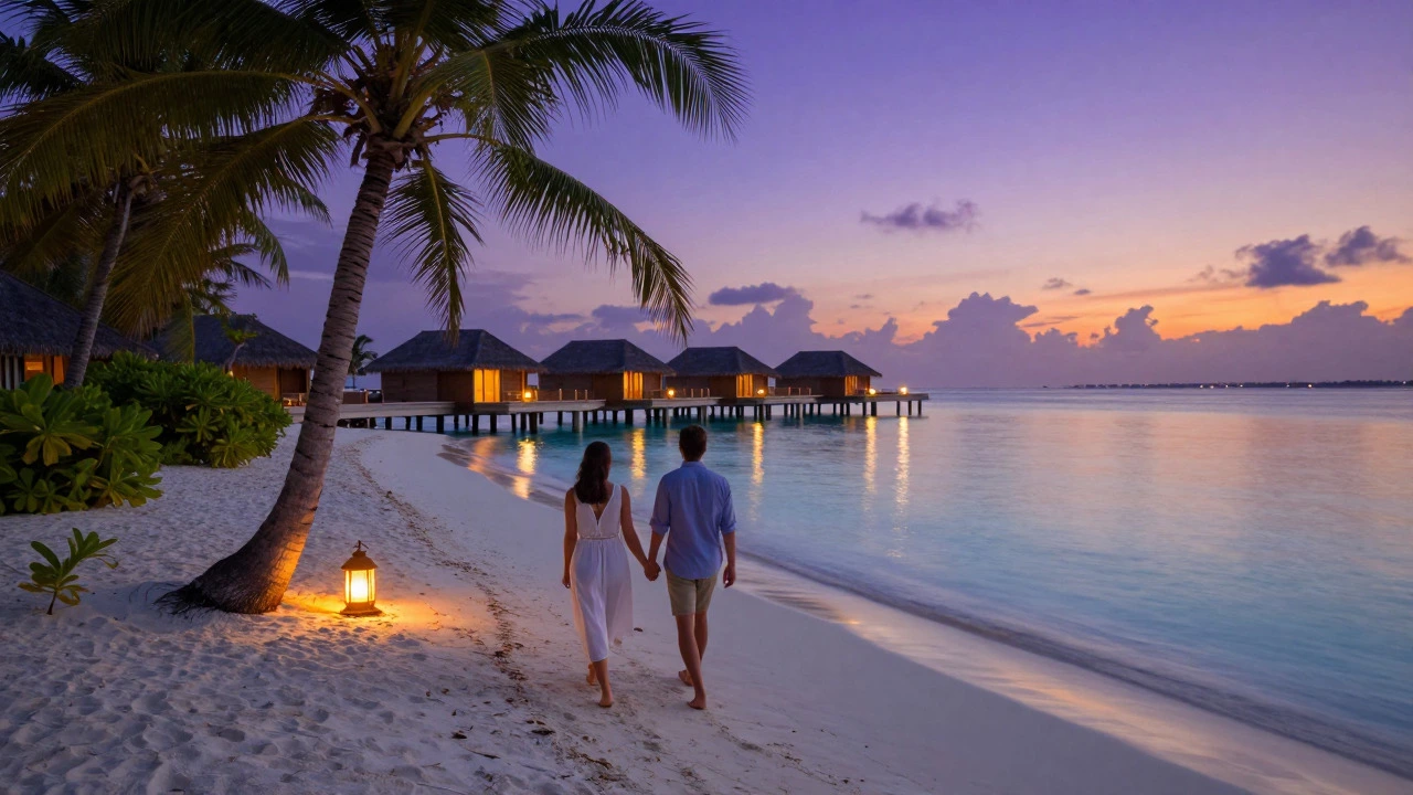 Couple walking on beach toward lit bungalows at sunset
