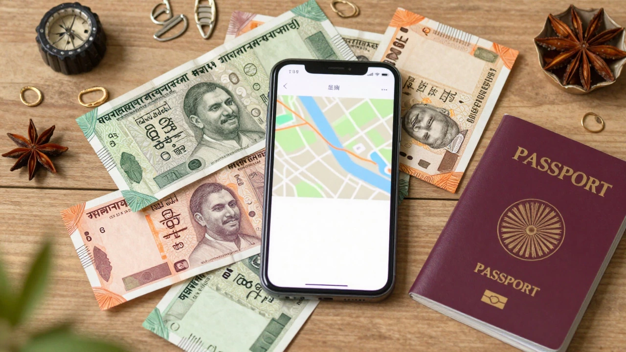 Flat lay of Indian rupees, passport, and travel essentials representing budget planning.