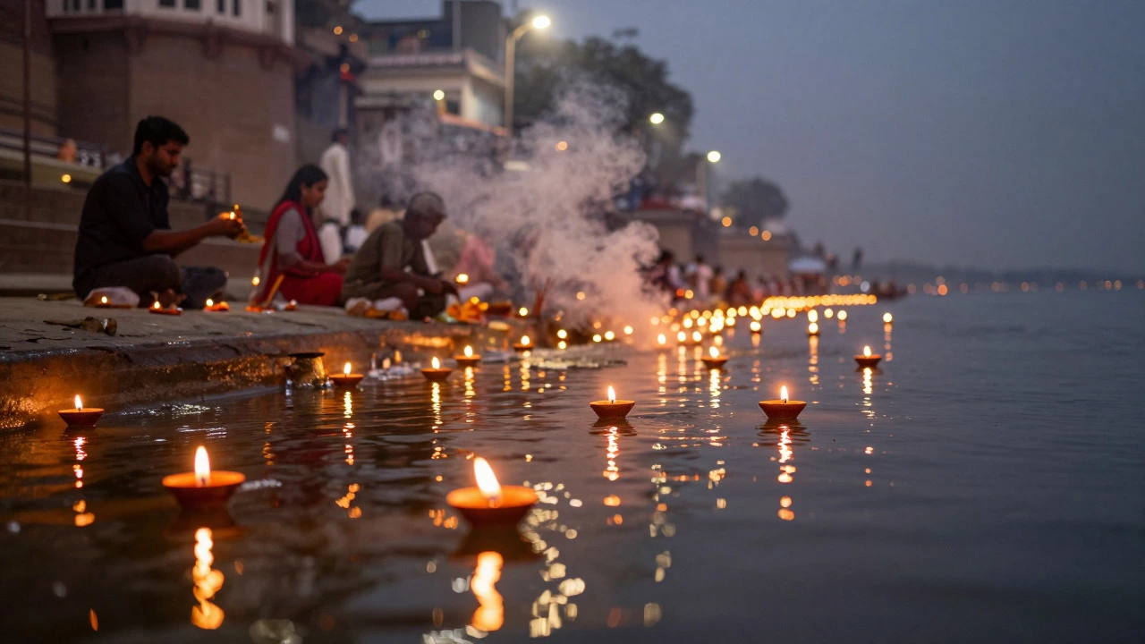 Floating oil lamps on the Ganges River during evening rituals in Varanasi