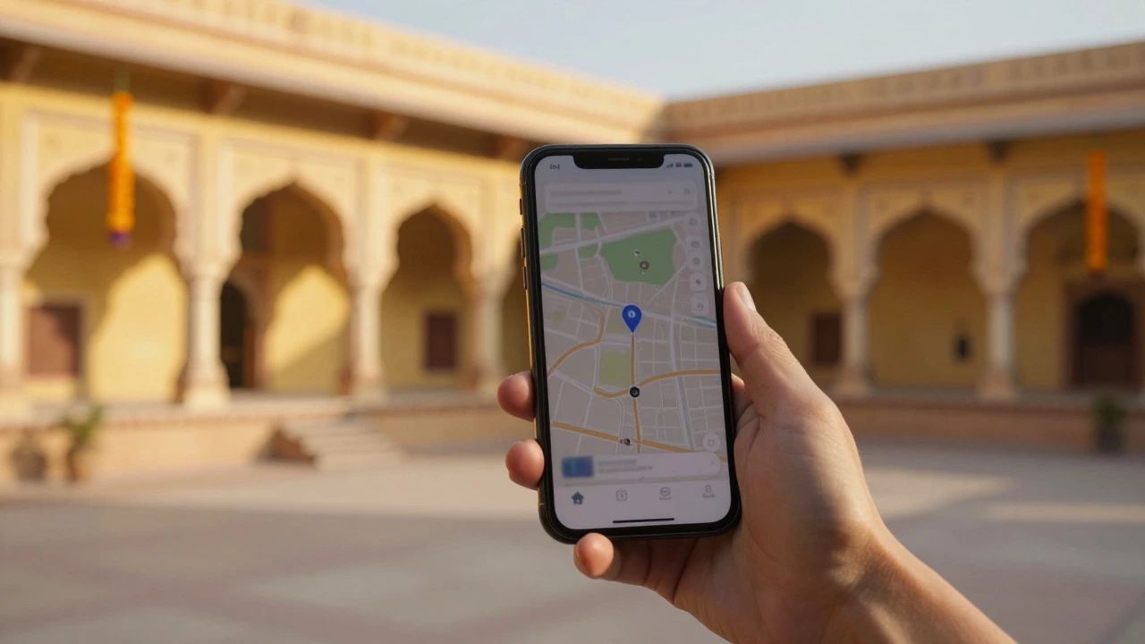 Hand holding a phone with a map app in a Rajasthani palace courtyard