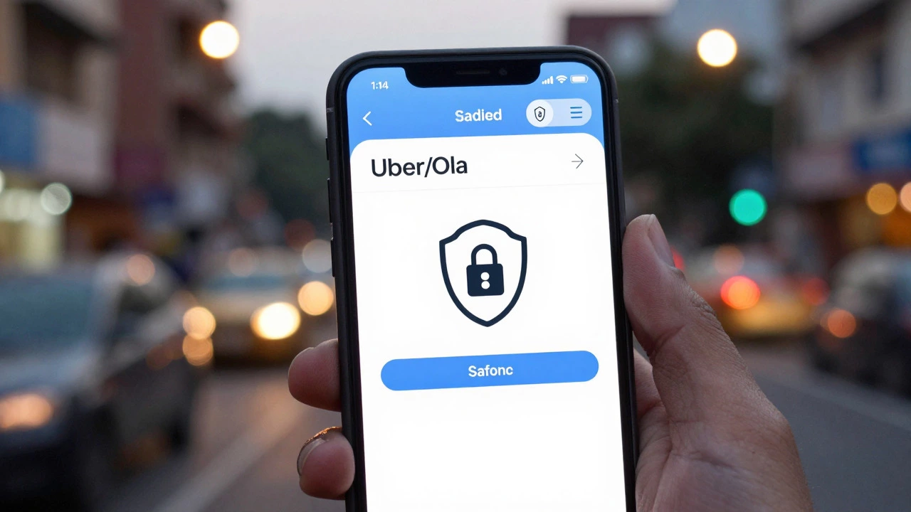 Hand holding smartphone with ride-hailing app against blurred Indian city backdrop