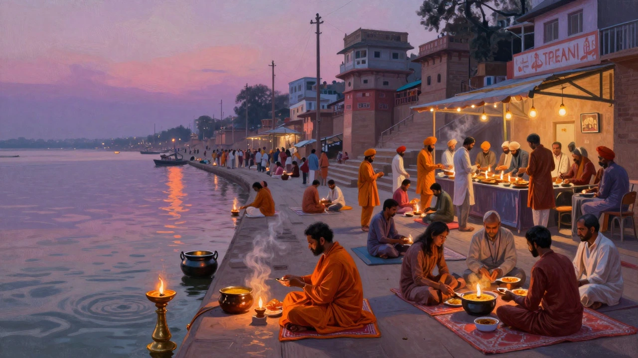Illustration of Varanasi ghats and community kitchen showing religious harmony at dusk