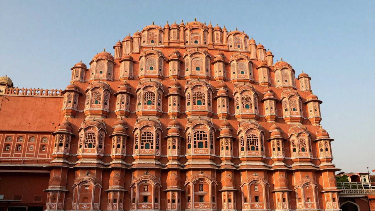 Pink sandstone facade of Hawa Mahal palace in Jaipur at sunset
