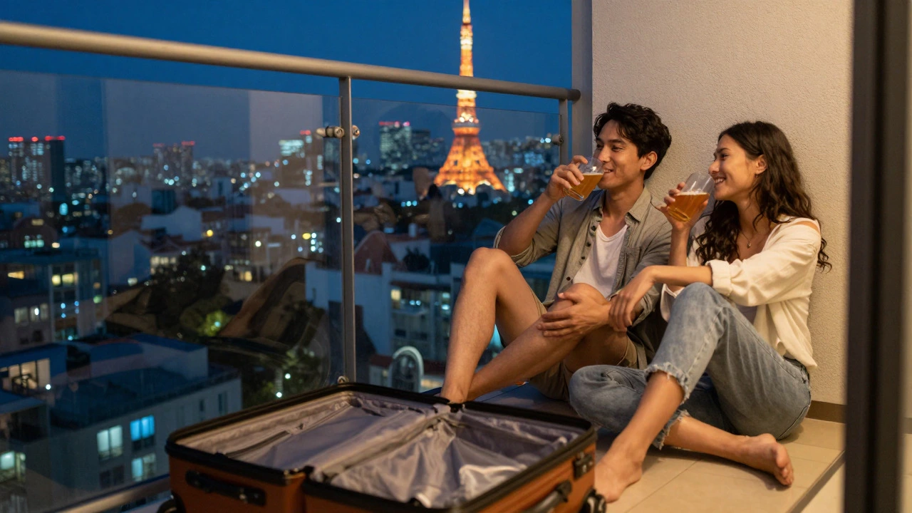 Relaxed couple on balcony overlooking city at night