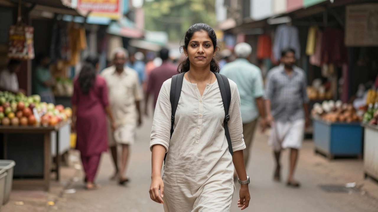 Solo female traveler walking calmly through a respectful South Indian market street
