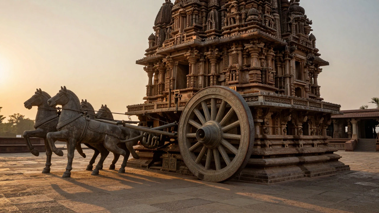 Stone chariot wheels of the Konark Sun Temple at sunset