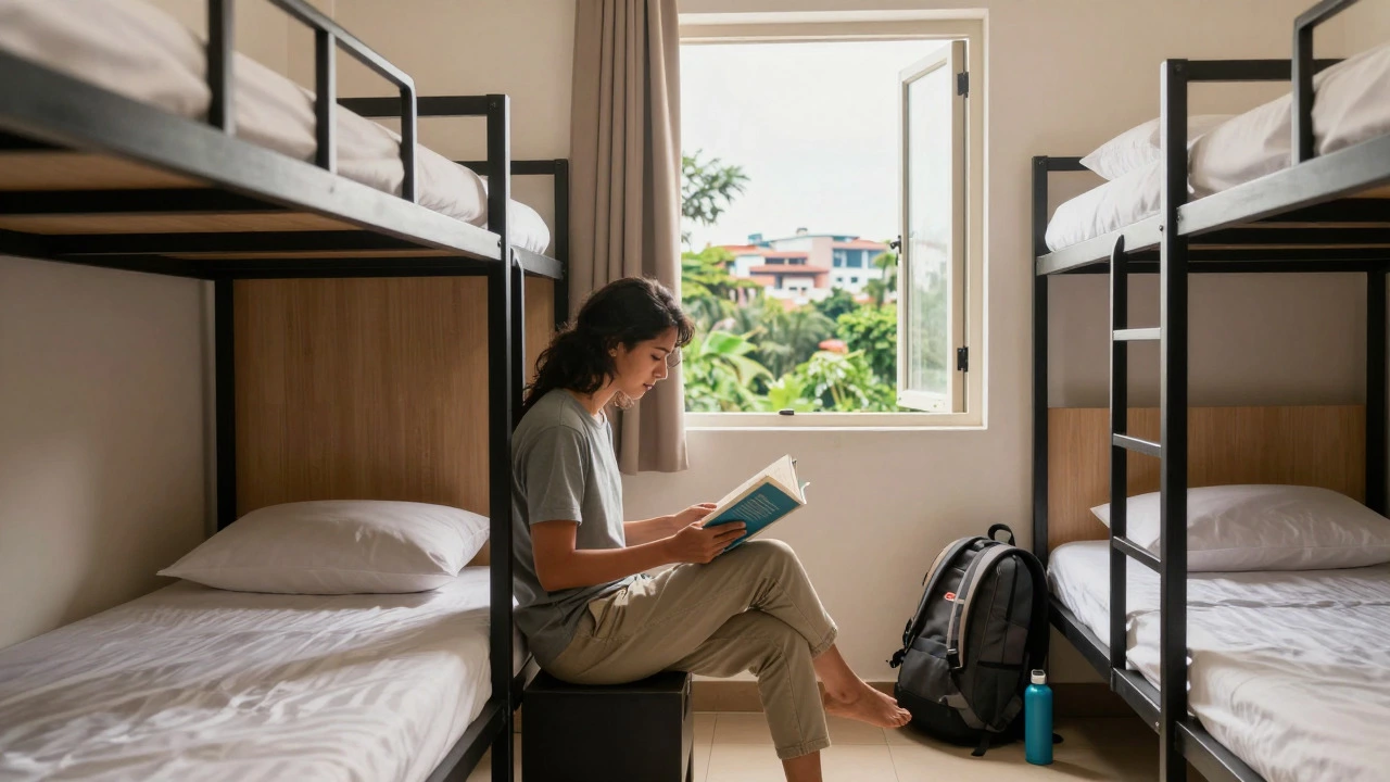 Traveler relaxing in a clean, affordable hostel dorm room with a view of nature outside.