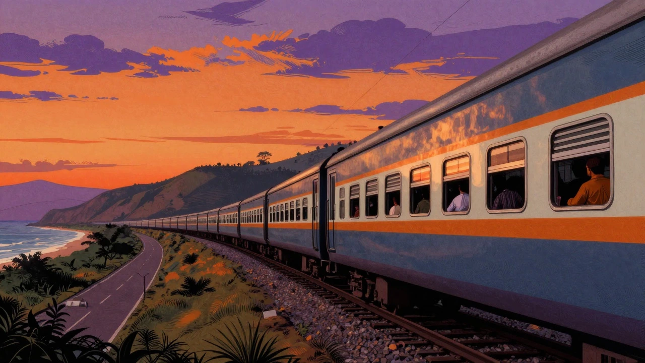 Vintage style illustration of a train traveling through scenic India