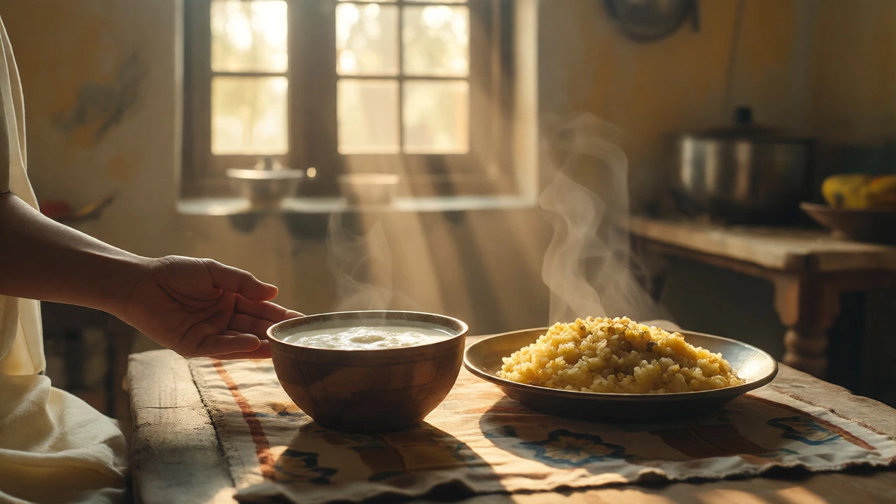 Bowl of fresh yogurt and steaming khichdi rice dish on a sunlit rustic table
