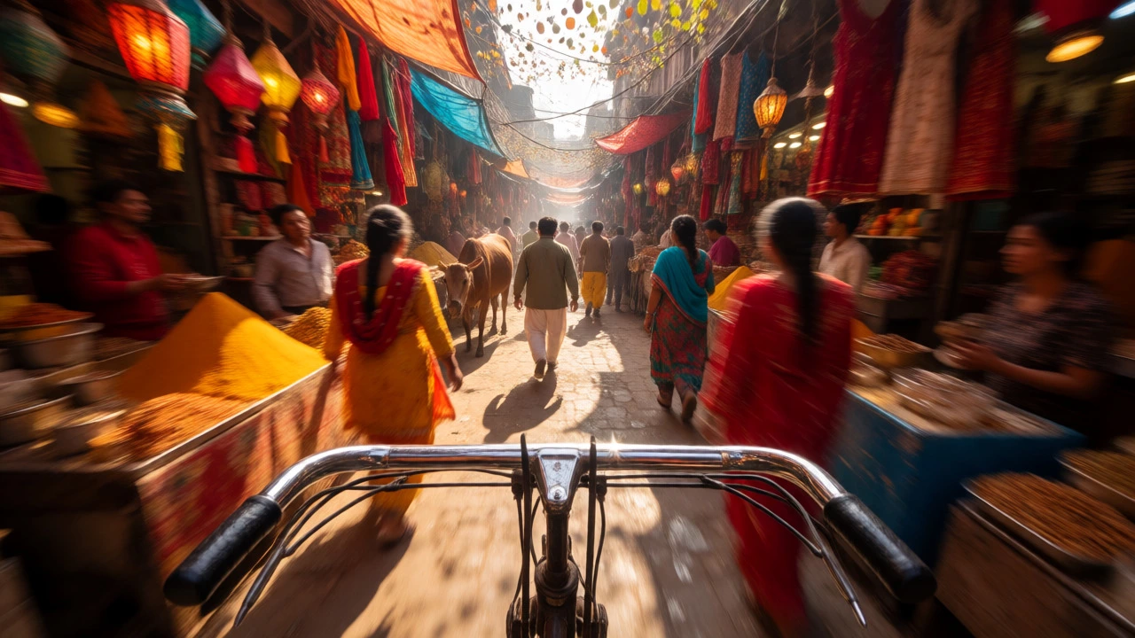 Bustling street scene in Old Delhi viewed from a rickshaw