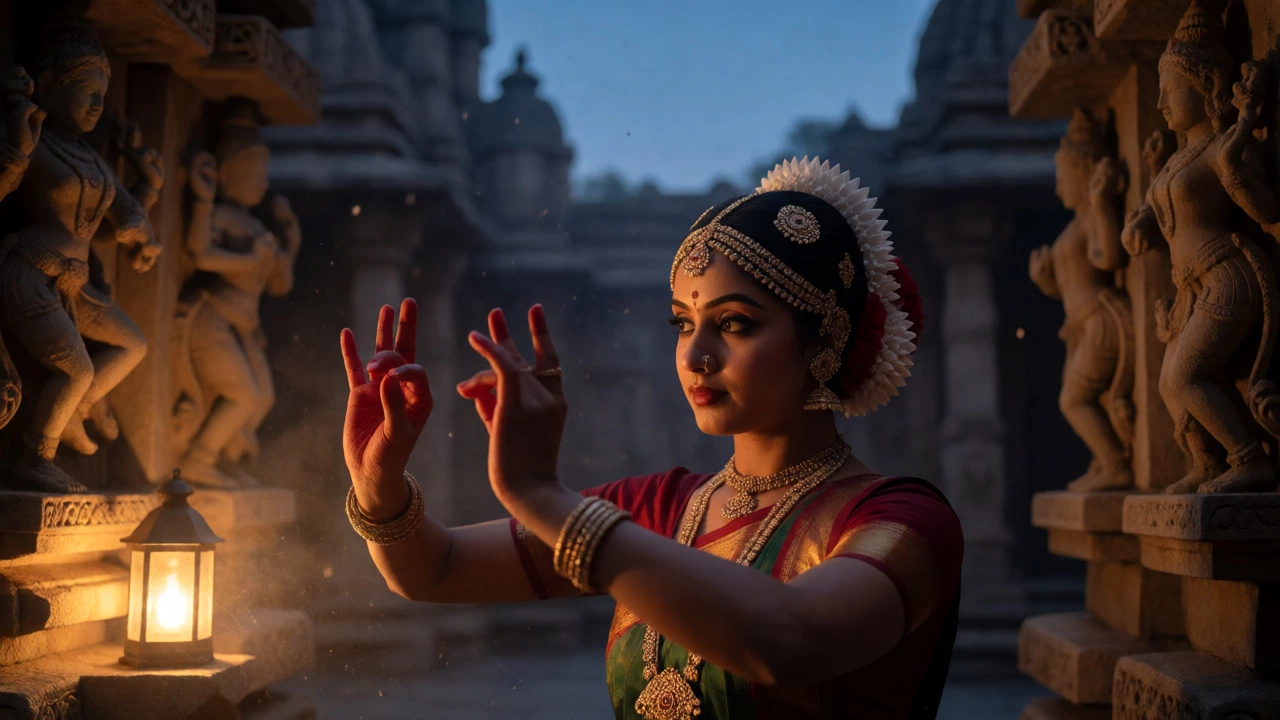 Classical dancer performing in a temple courtyard at twilight.