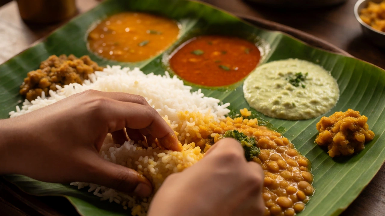 Close-up of hands mixing a colorful South Indian thali served on a banana leaf.