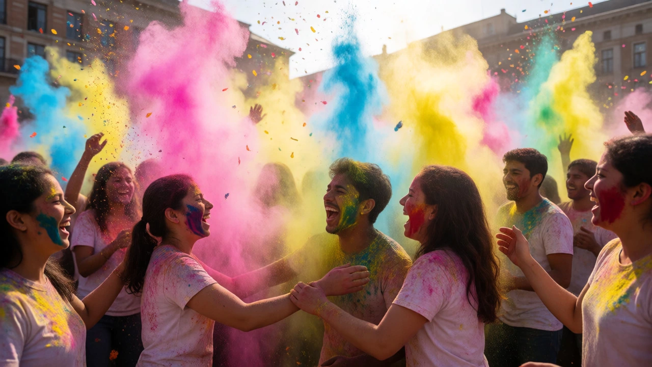 Crowd celebrating Holi festival with clouds of vibrant colored powder in the air.