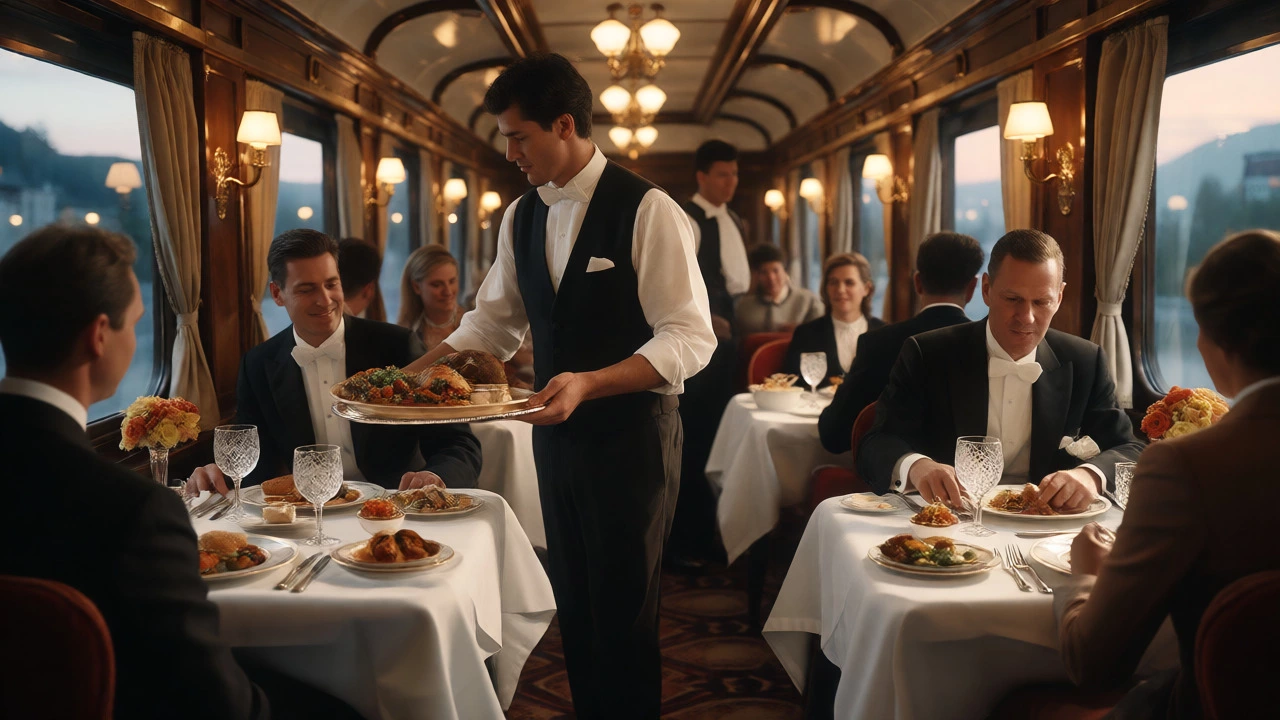 Elegant dining car with waiters serving guests formal dinners under chandelier light