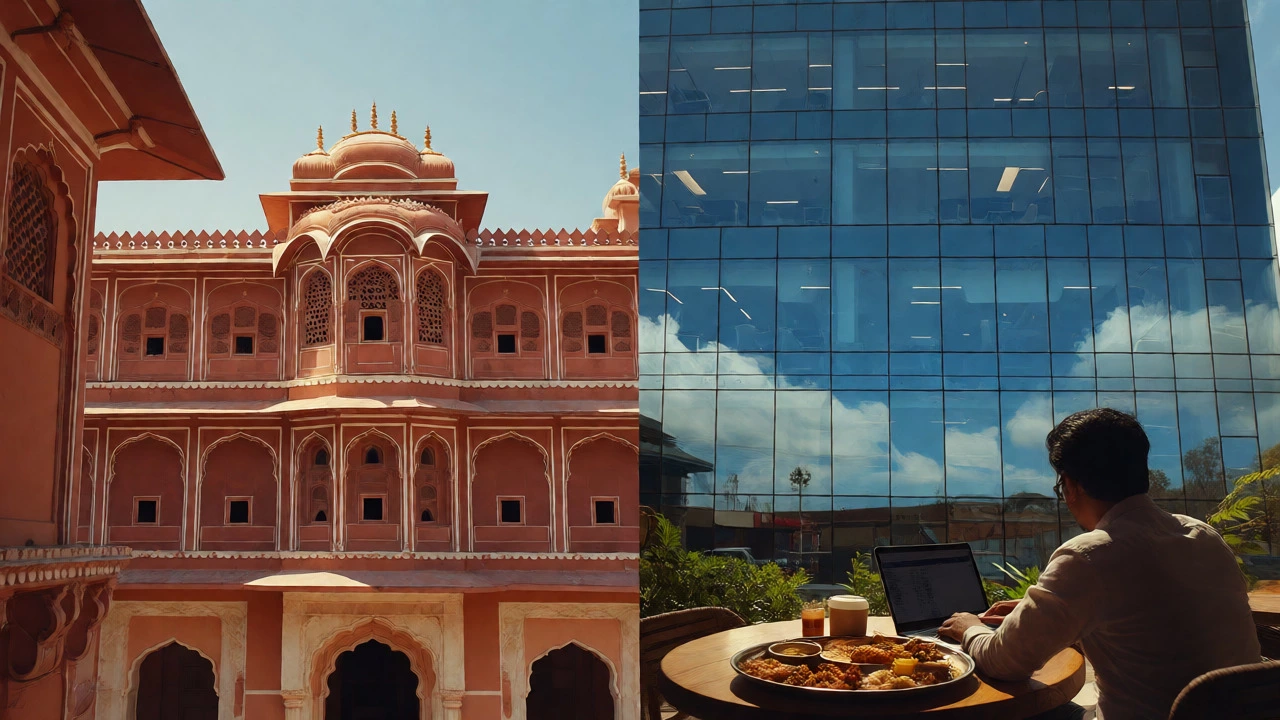 Jaipur scene blending traditional heritage buildings with modern tech offices