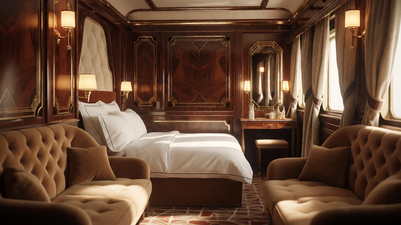 Luxurious Art Deco Grand Suite interior with mahogany paneling and plush bedding