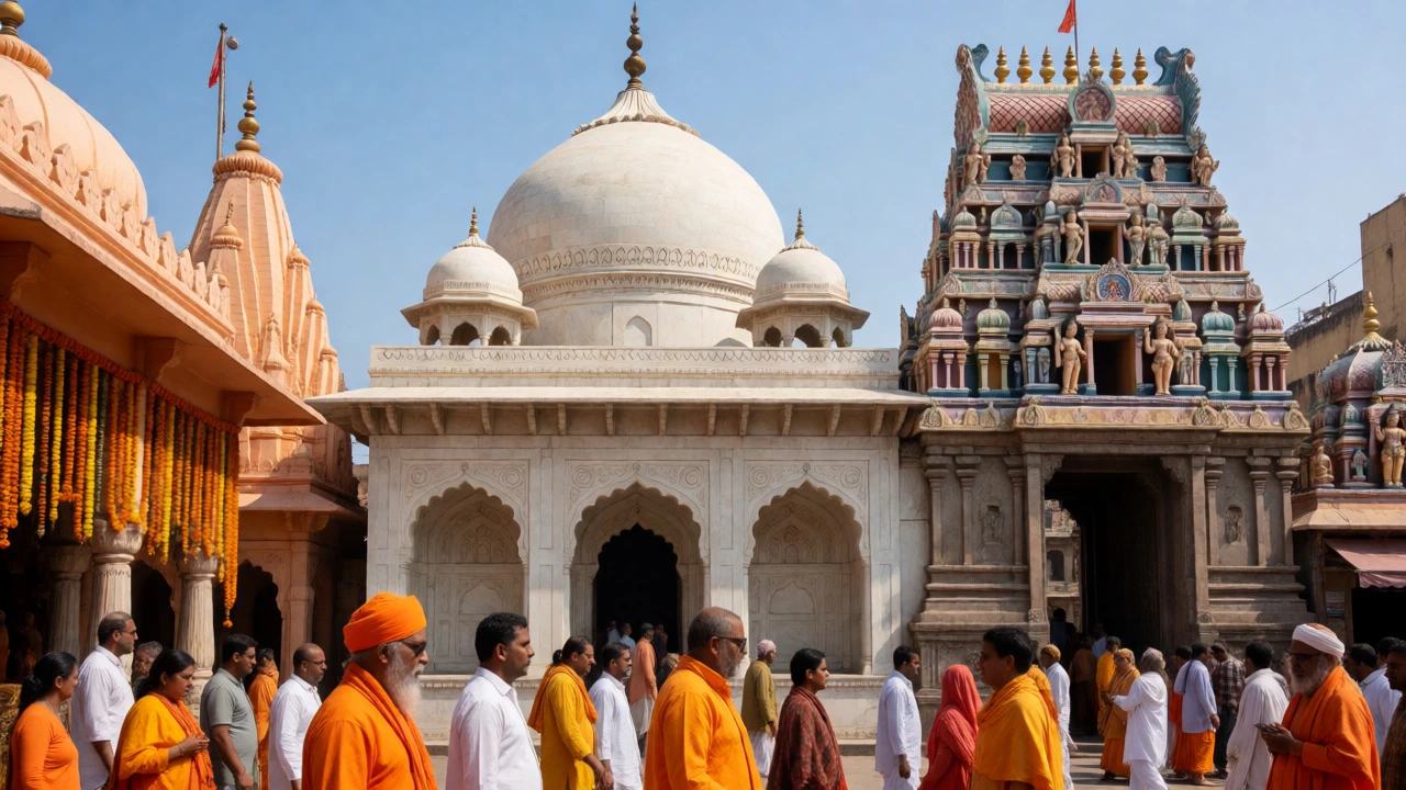 Mughal domes and Hindu temples standing together in a busy city square.