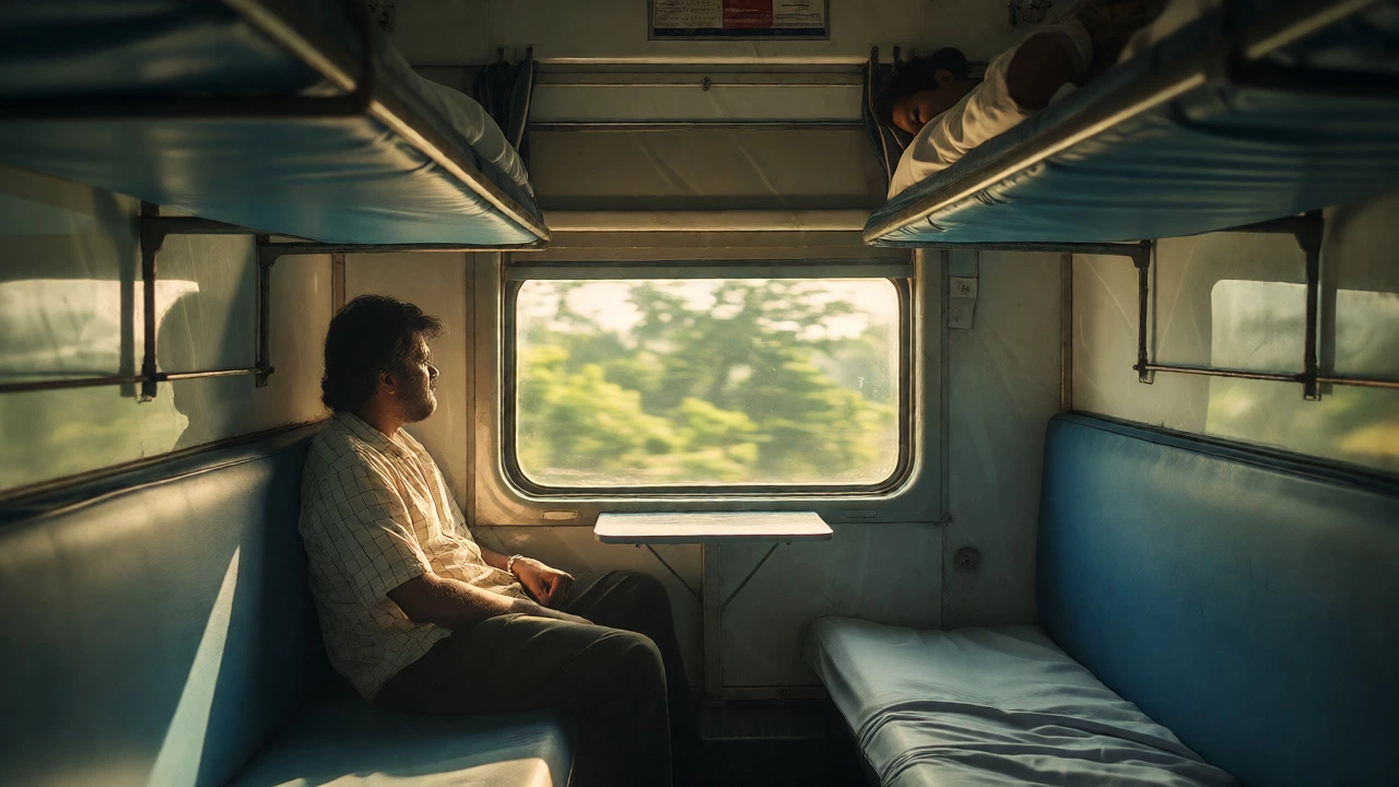 Passenger relaxing in a comfortable AC train compartment in India