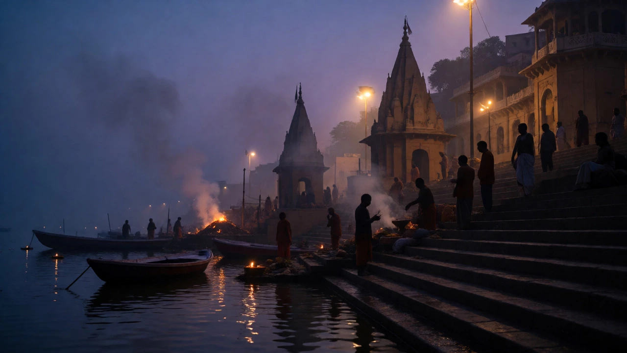 Pilgrims and boats on the Ganges ghats in Varanasi at dawn