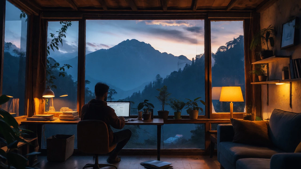 Remote worker in a Dehradun apartment overlooking Himalayan foothills at dusk