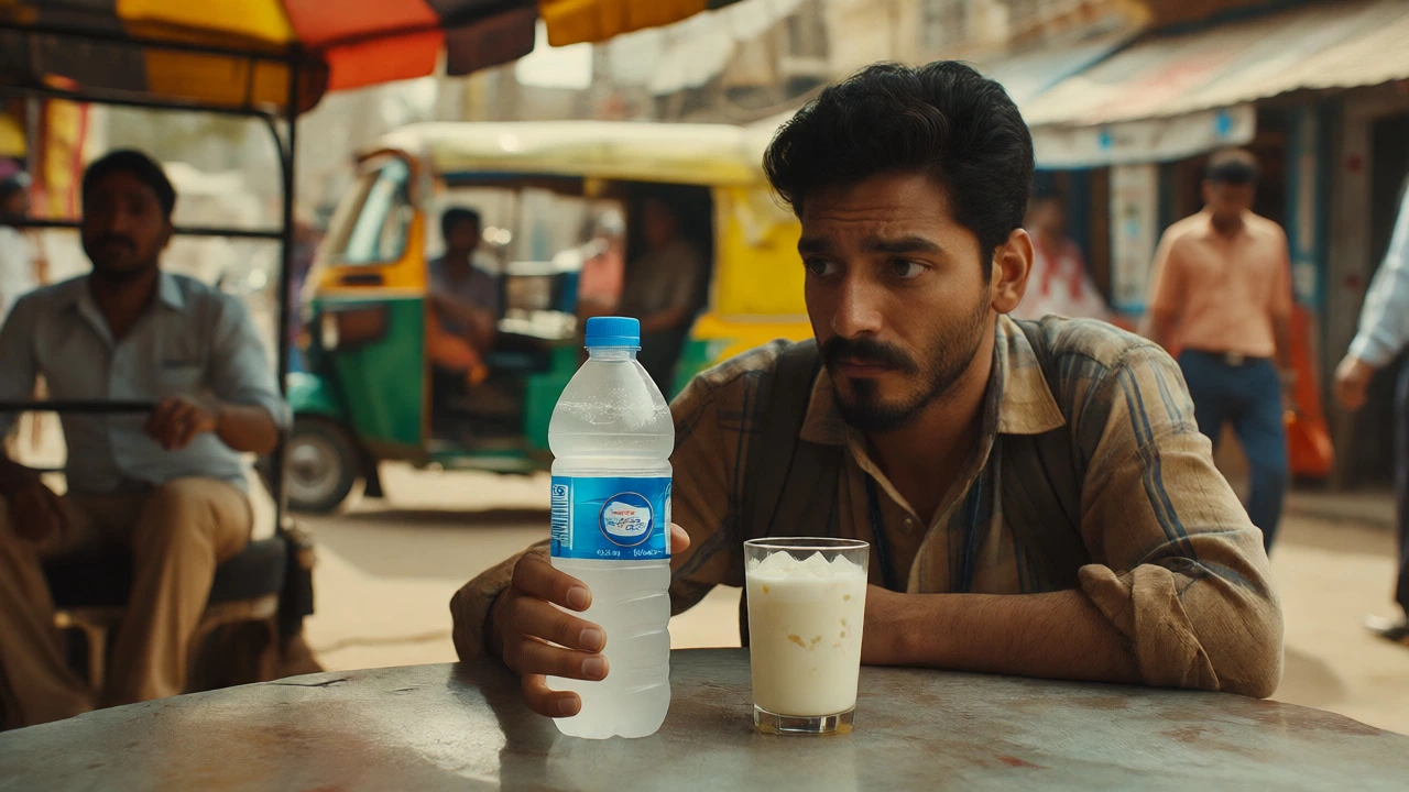 Traveler examining a sealed water bottle while hesitating over a glass of icy lassi