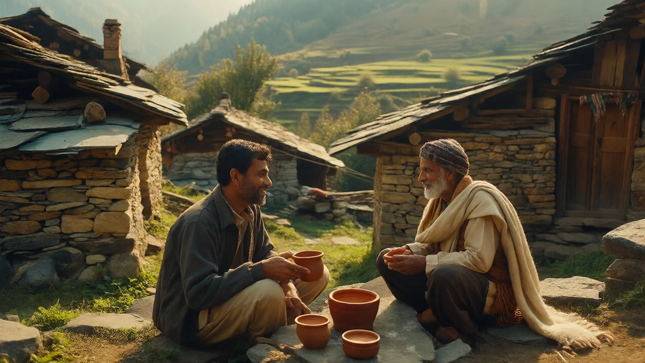 Trekker sharing tea with a shepherd in an Indian mountain village