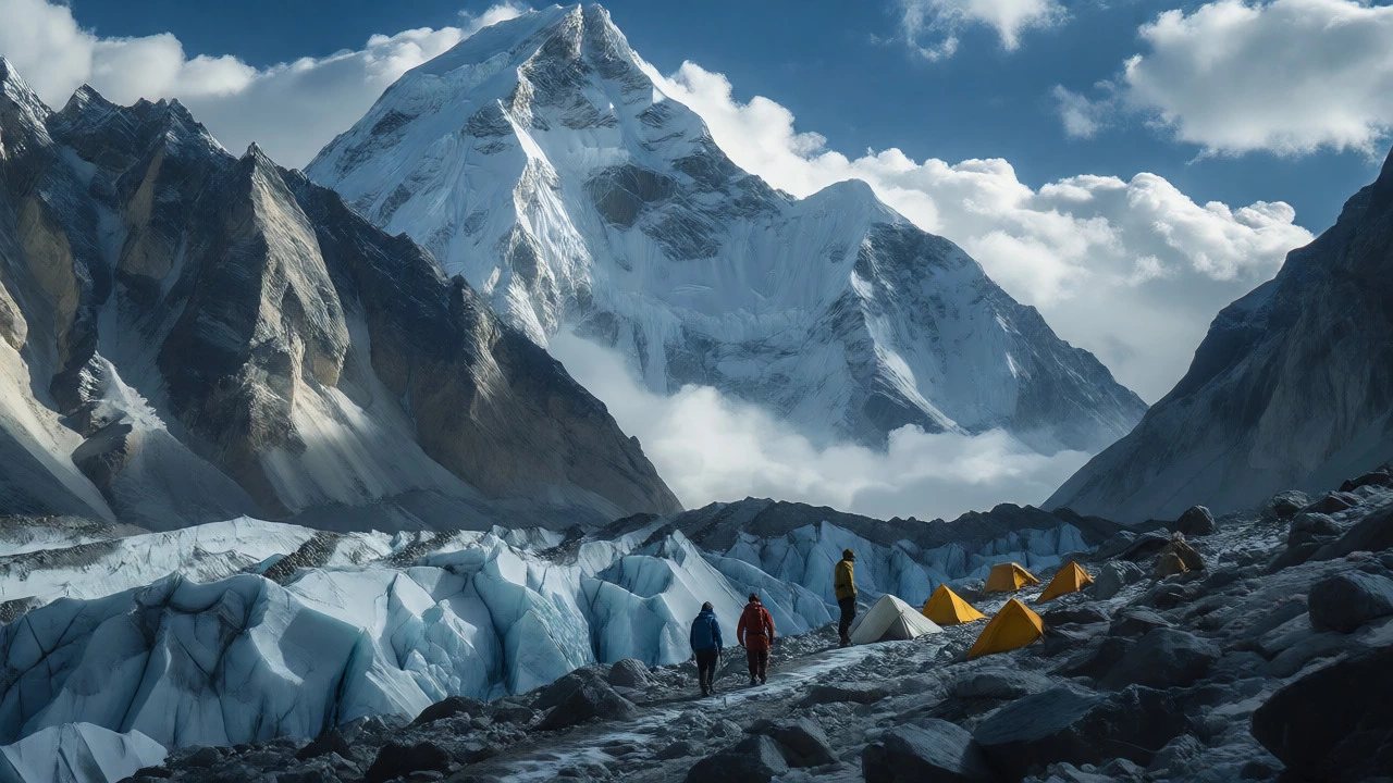 Trekkers camping near a glacier in the remote Karakoram range