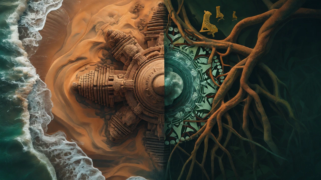 Artistic fusion of Konark stone carvings and Sundarbans mangrove roots